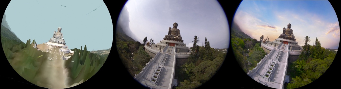 Left - Showing previsualisation of a scene from Timeless Flight Hong Kong, Middle - Raw film, Right - final image.